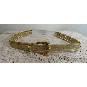 VTG Adjustable Belt Gold Leather Ornate Metal 80s 90s Chic‎ Glam Medium